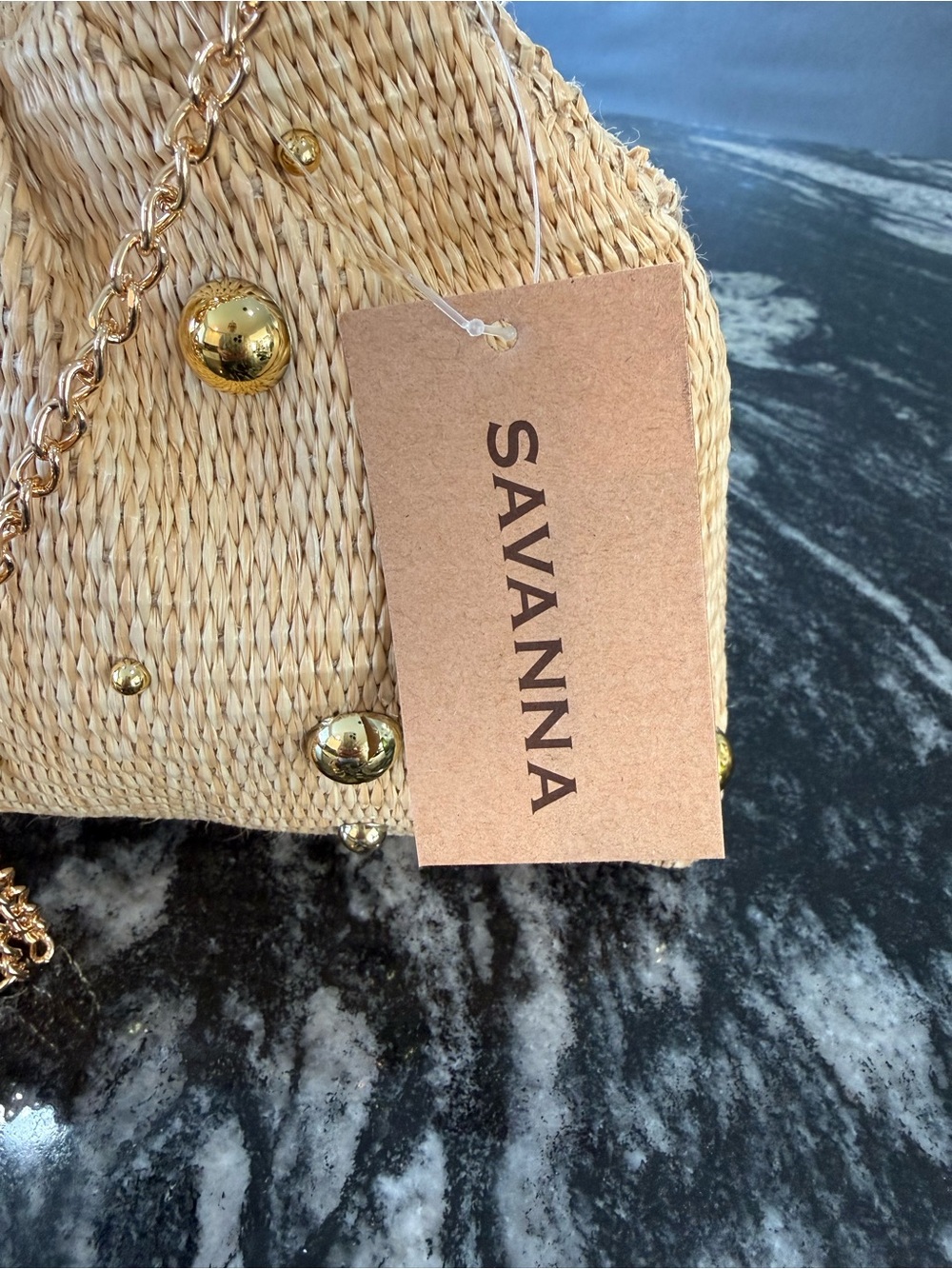 Savannah Natural Straw Mini Handbag with Gold Studs & Chain - Picture 2 of 14